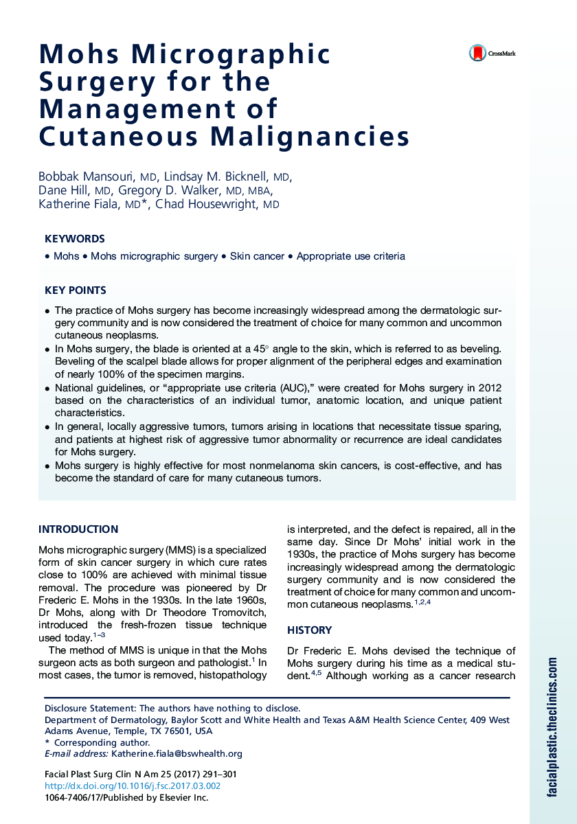 Mohs Micrographic Surgery for the Management of Cutaneous Malignancies