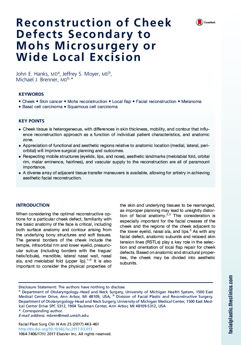 Reconstruction of Cheek Defects Secondary to Mohs Microsurgery or Wide Local Excision