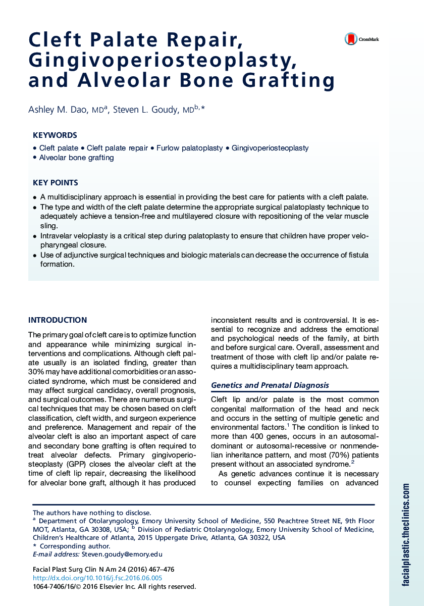 Cleft Palate Repair, Gingivoperiosteoplasty, and Alveolar Bone Grafting