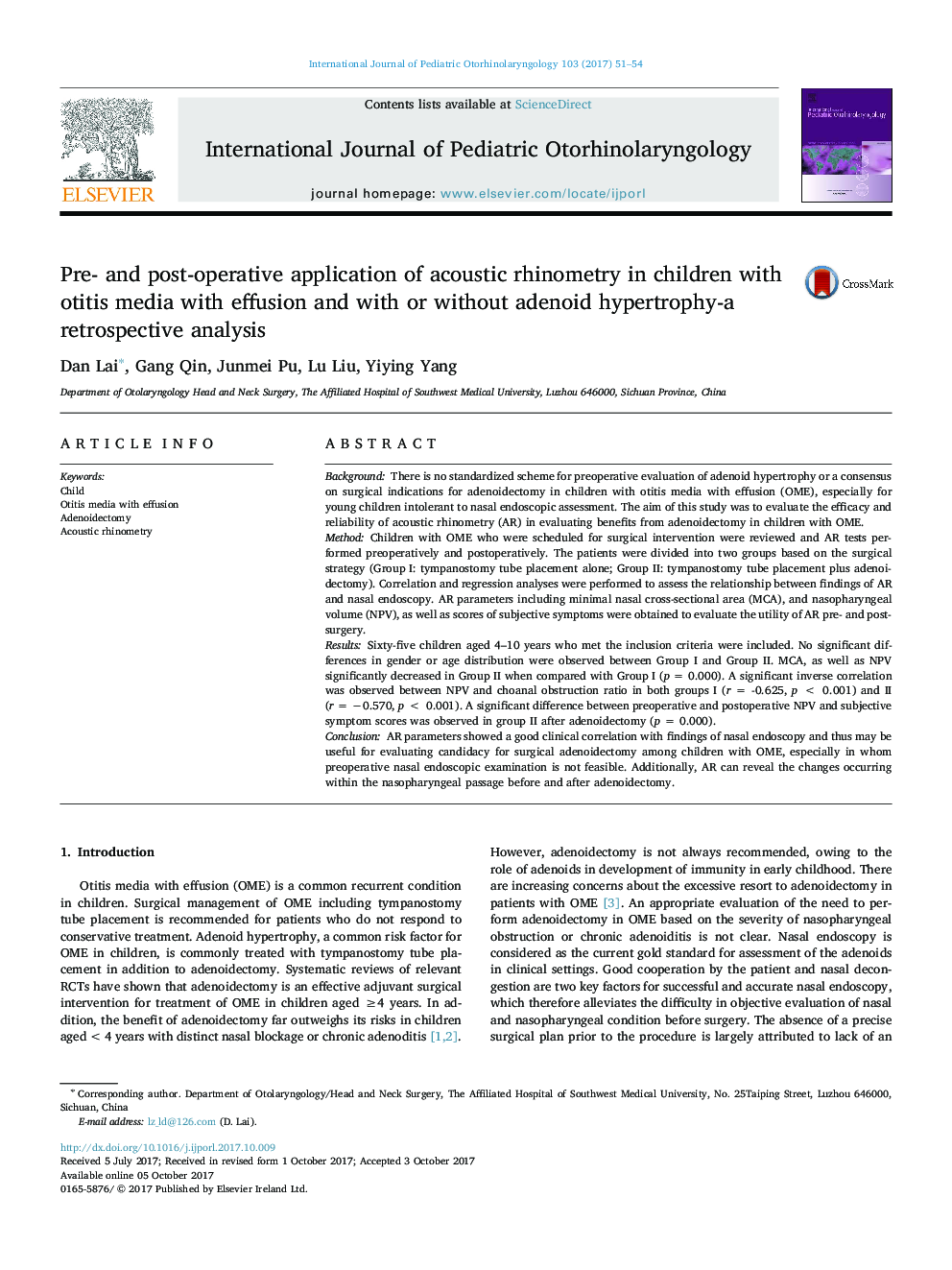 Pre- and post-operative application of acoustic rhinometry in children with otitis media with effusion and with or without adenoid hypertrophy-a retrospective analysis