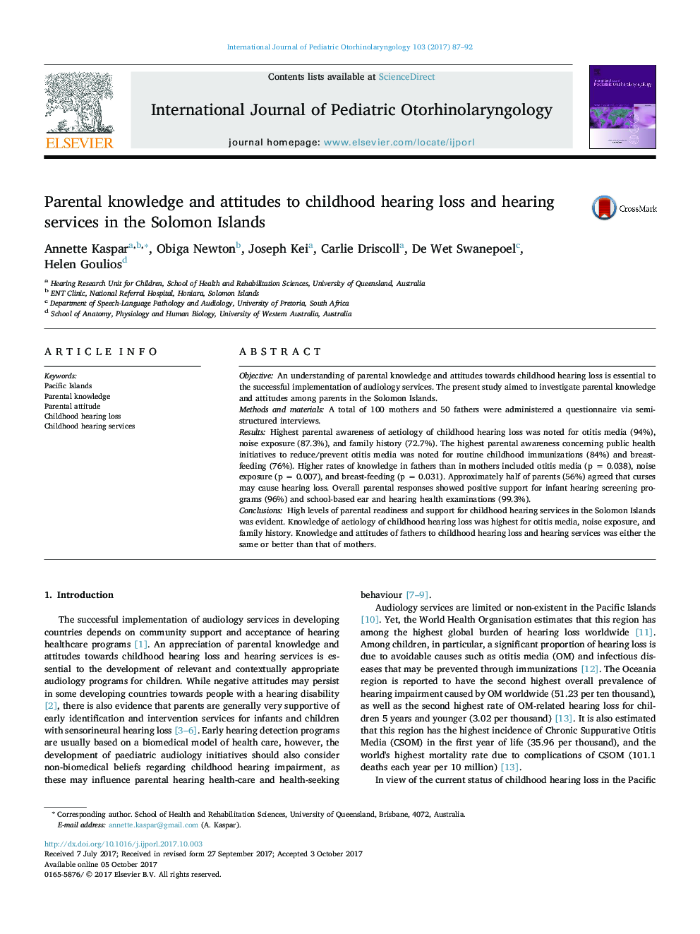 Parental knowledge and attitudes to childhood hearing loss and hearing services in the Solomon Islands