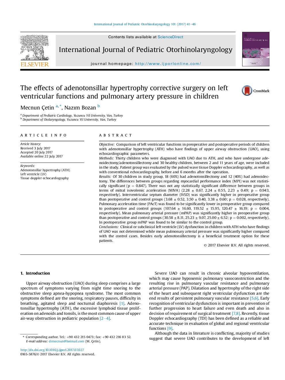 The effects of adenotonsillar hypertrophy corrective surgery on left ventricular functions and pulmonary artery pressure in children