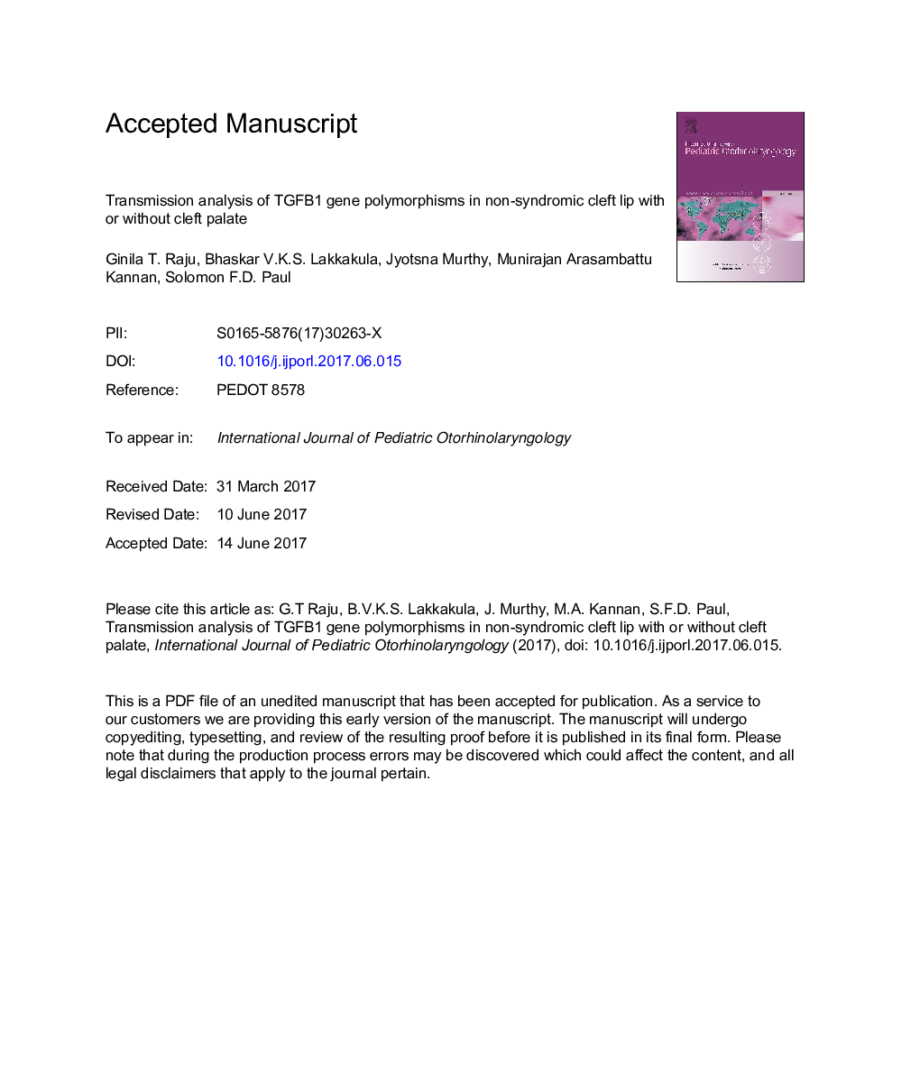 Transmission analysis of TGFB1 gene polymorphisms in non-syndromic cleft lip with or without cleft palate