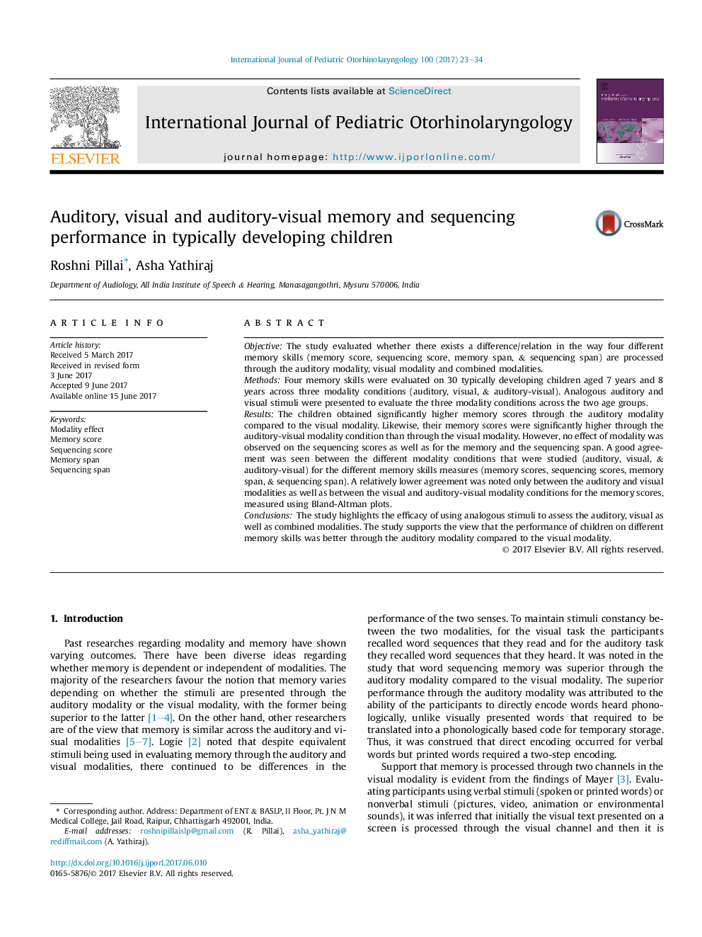 Auditory, visual and auditory-visual memory and sequencing performance in typically developing children