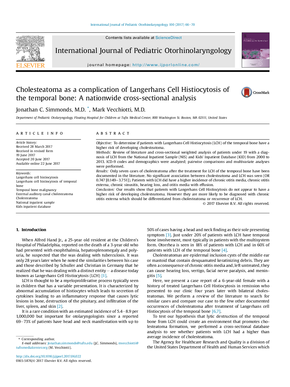 Cholesteatoma as a complication of Langerhans Cell Histiocytosis of the temporal bone: A nationwide cross-sectional analysis