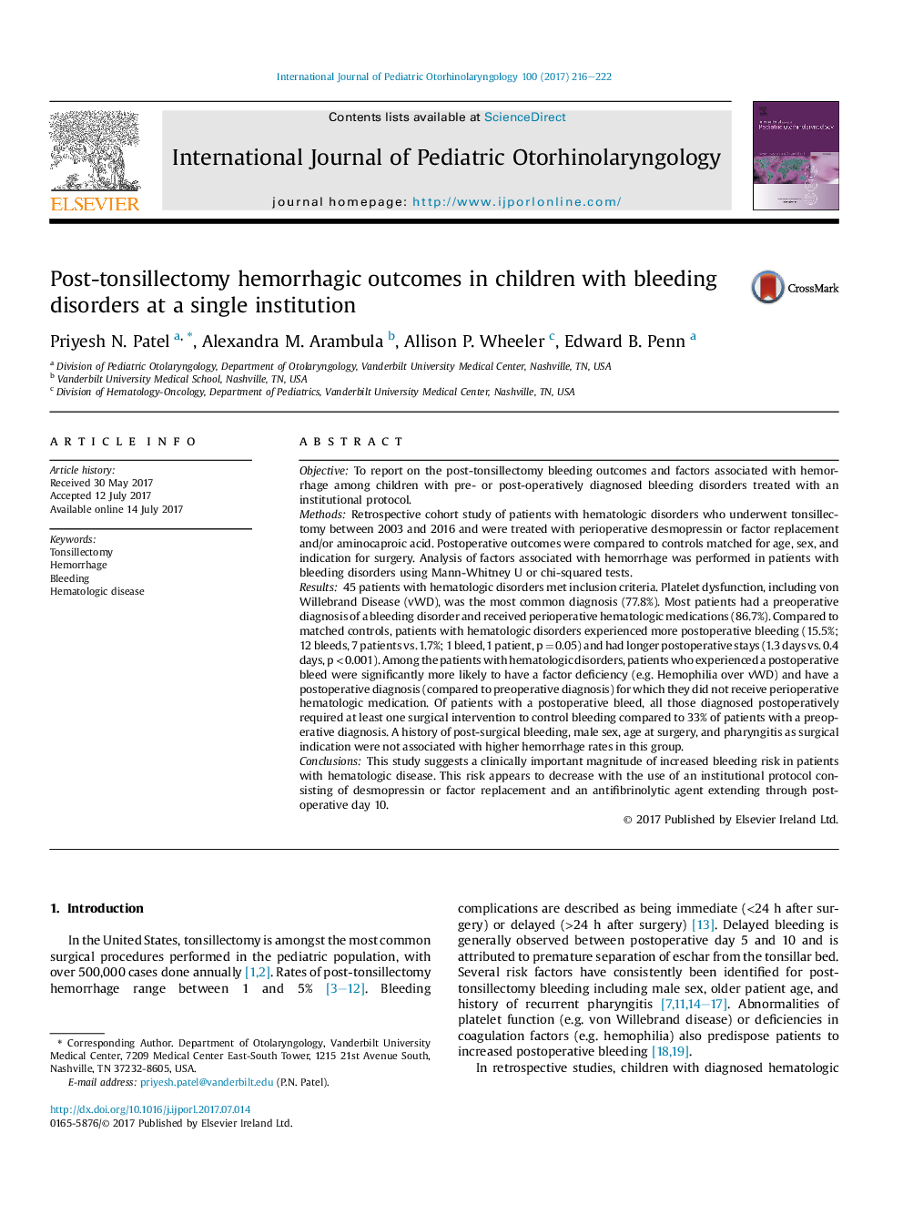 Post-tonsillectomy hemorrhagic outcomes in children with bleeding disorders at a single institution