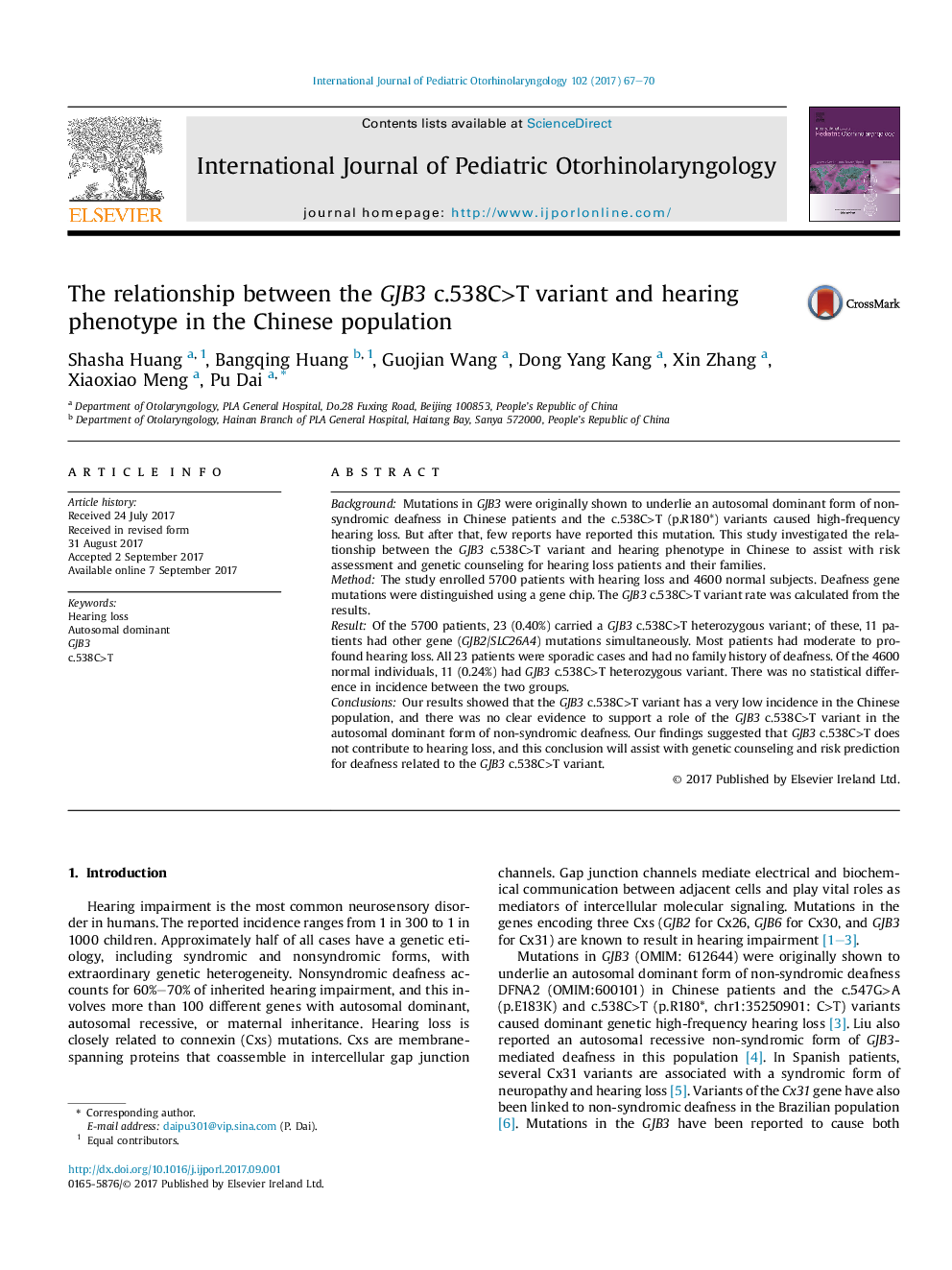 The relationship between the GJB3 c.538C>T variant and hearing phenotype in the Chinese population