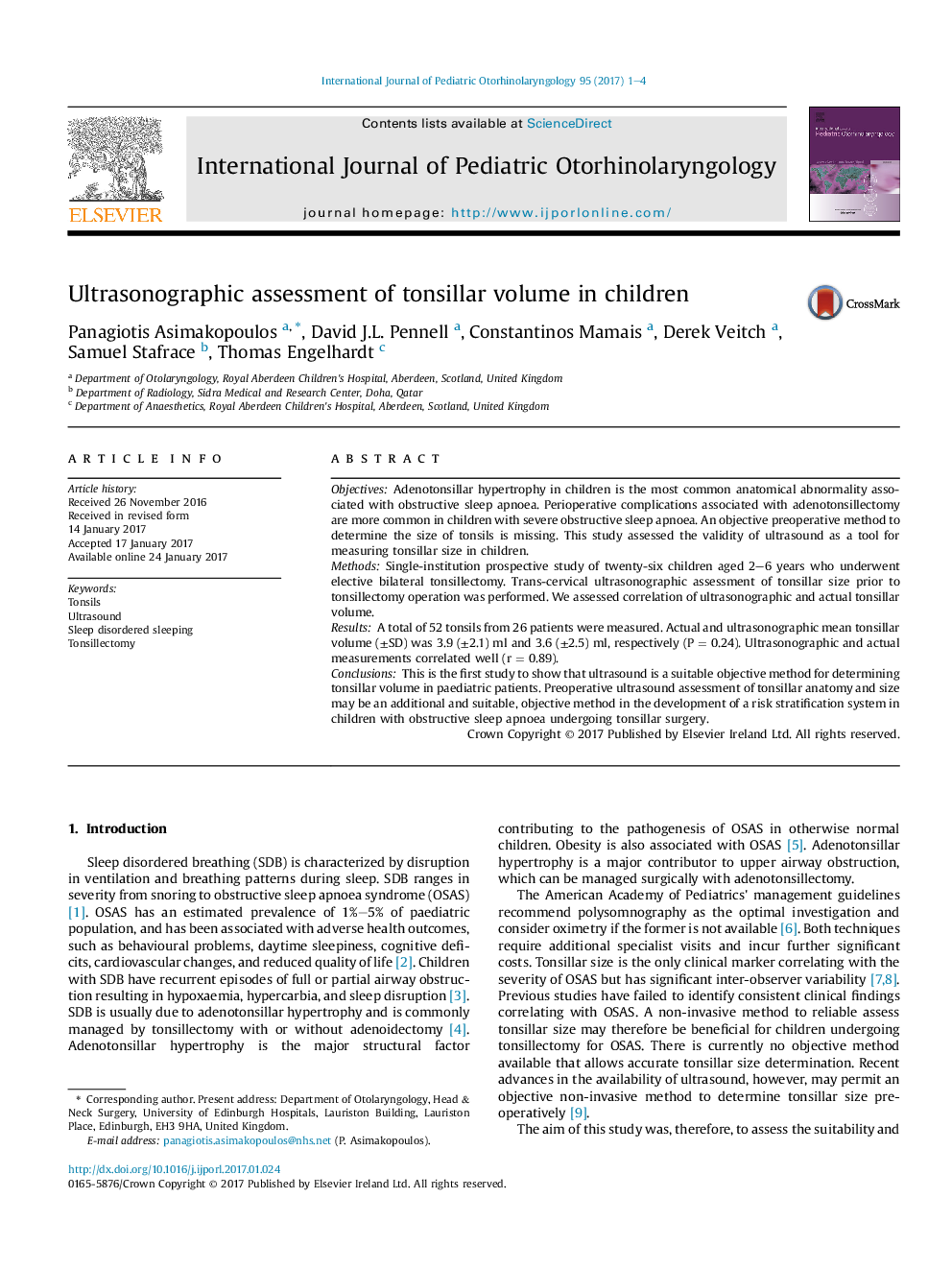 Ultrasonographic assessment of tonsillar volume in children