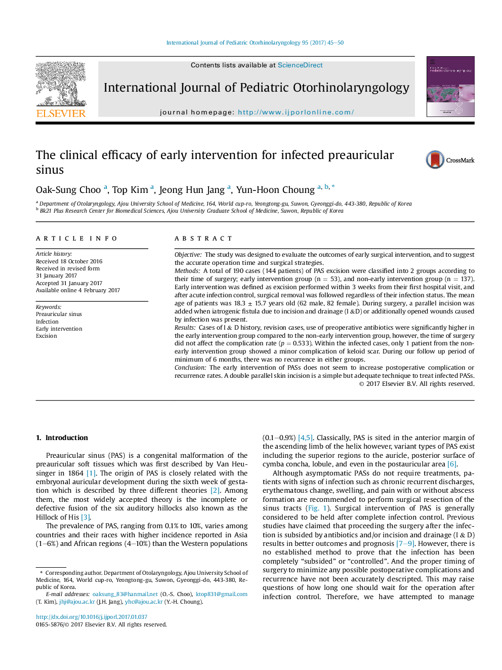 The clinical efficacy of early intervention for infected preauricular sinus