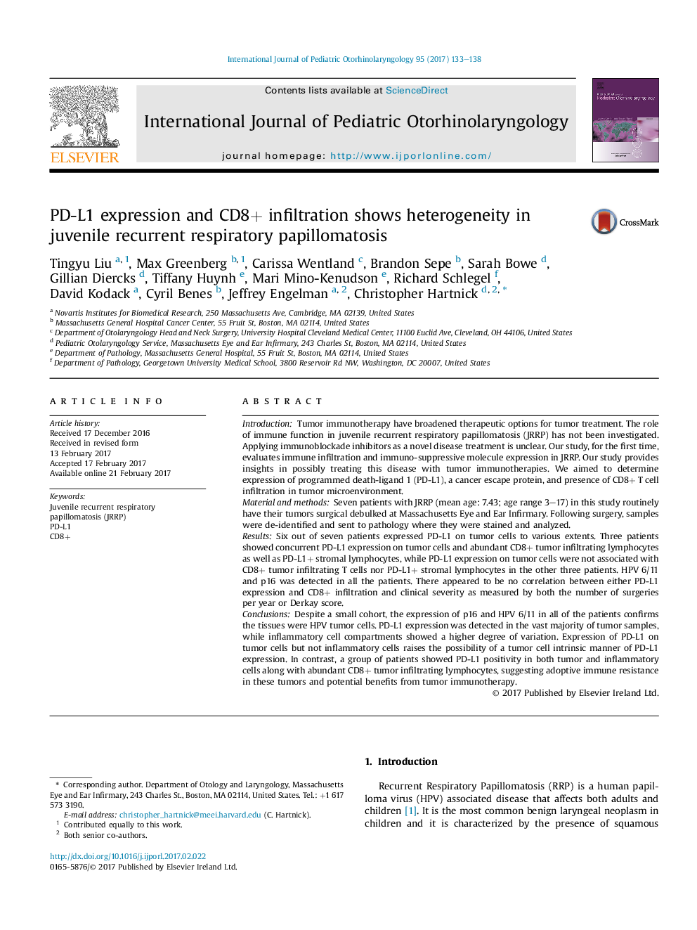 PD-L1 expression and CD8+ infiltration shows heterogeneity in juvenile recurrent respiratory papillomatosis