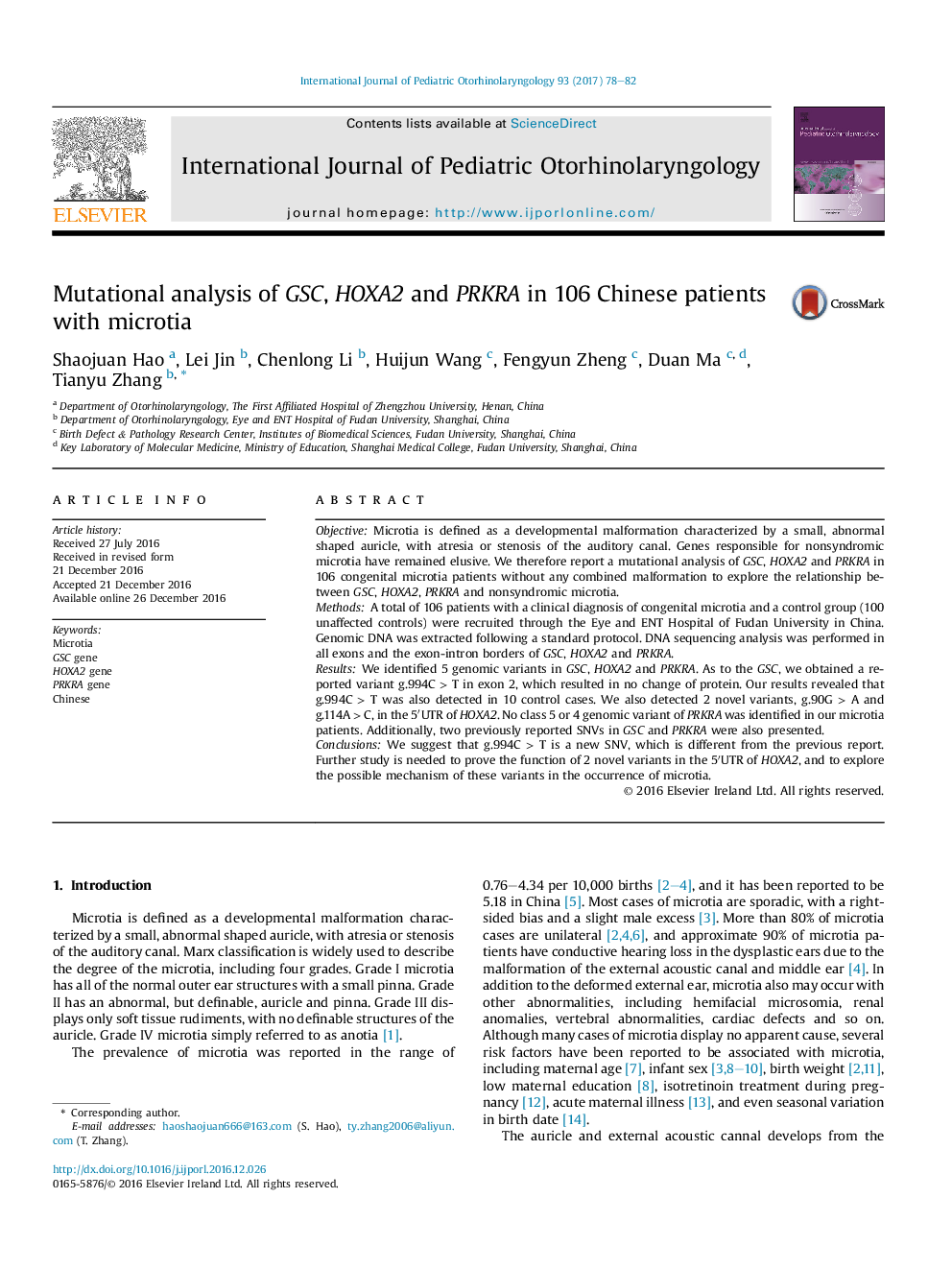 Mutational analysis of GSC, HOXA2 and PRKRA in 106 Chinese patients with microtia