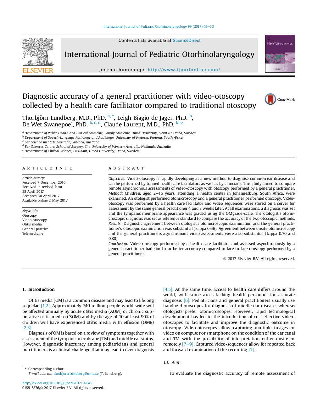 Diagnostic accuracy of a general practitioner with video-otoscopy collected by a health care facilitator compared to traditional otoscopy