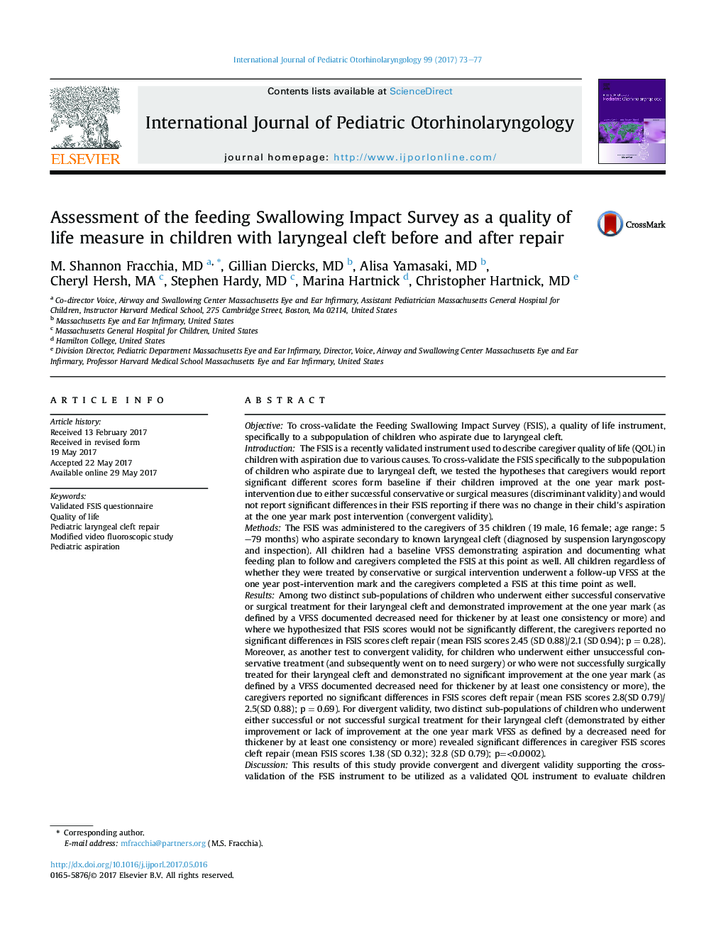 Assessment of the feeding Swallowing Impact Survey as a quality of life measure in children with laryngeal cleft before and after repair