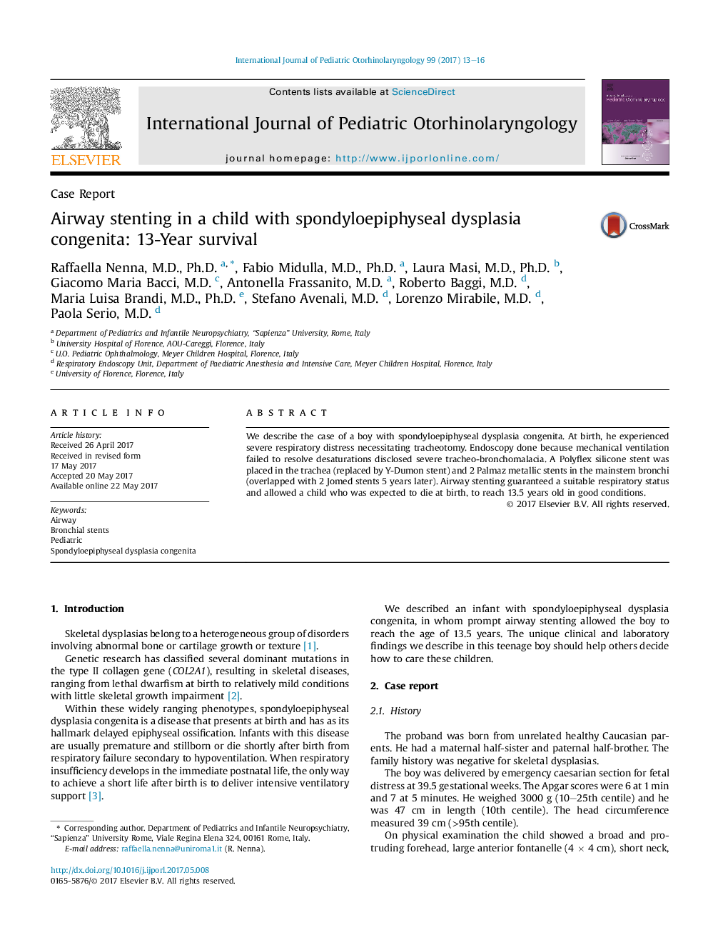 Airway stenting in a child with spondyloepiphyseal dysplasia congenita: 13-Year survival