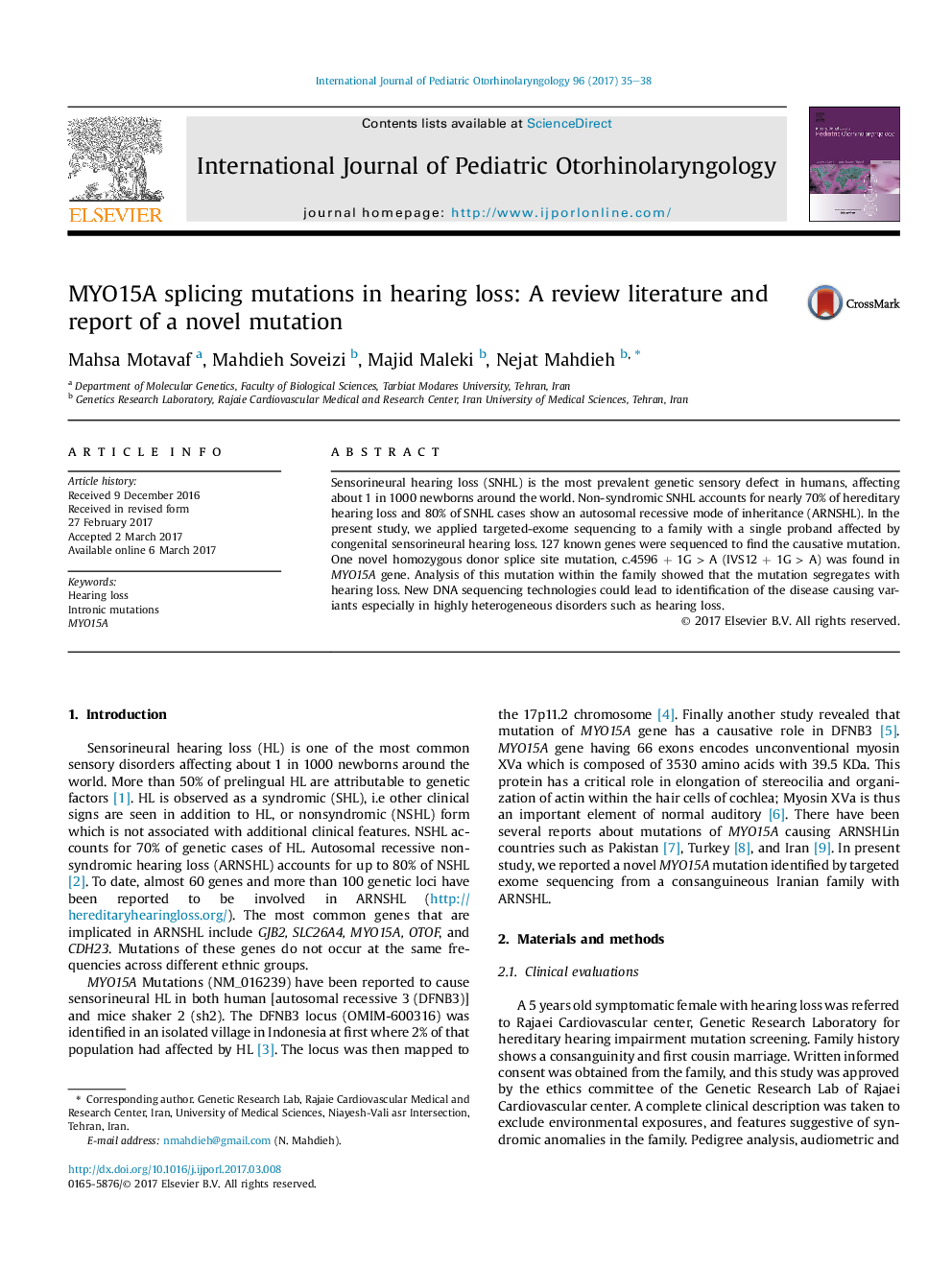 MYO15A splicing mutations in hearing loss: A review literature and report of a novel mutation