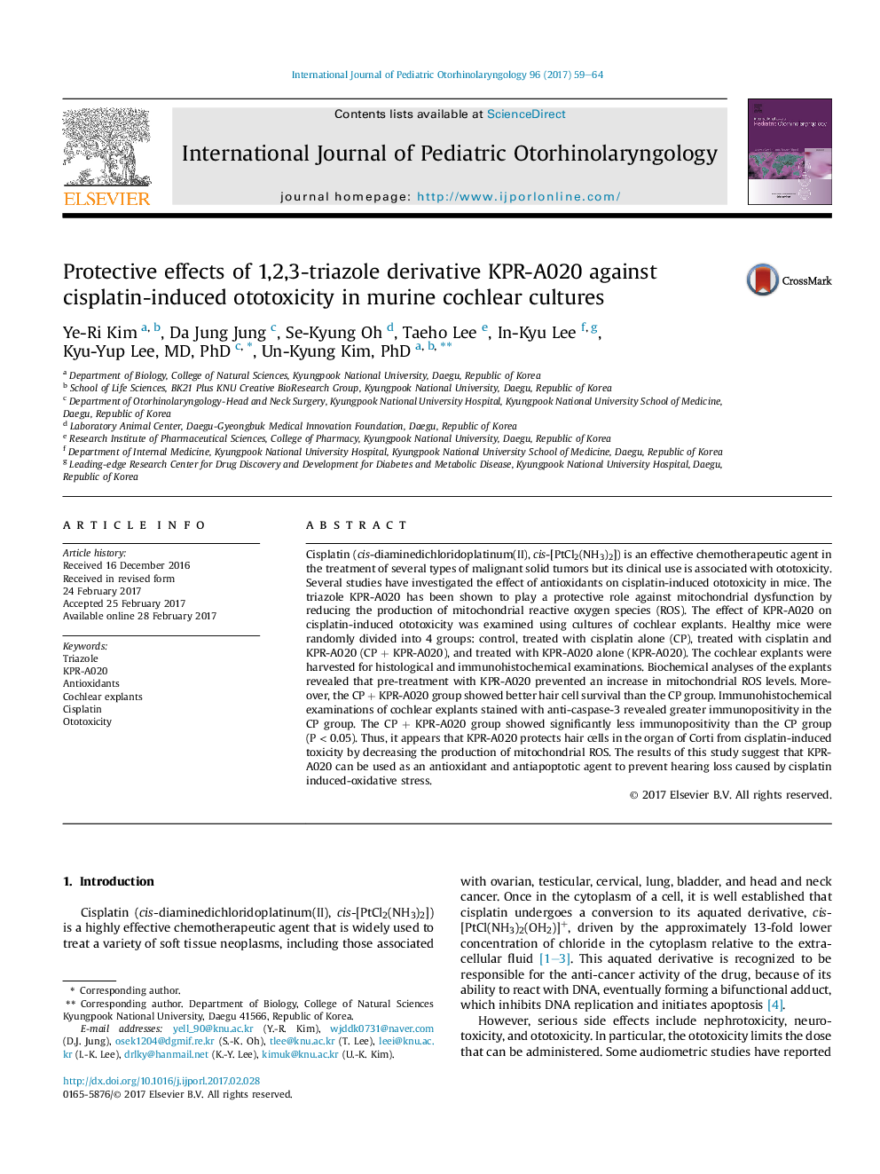 Protective effects of 1,2,3-triazole derivative KPR-A020 against cisplatin-induced ototoxicity in murine cochlear cultures