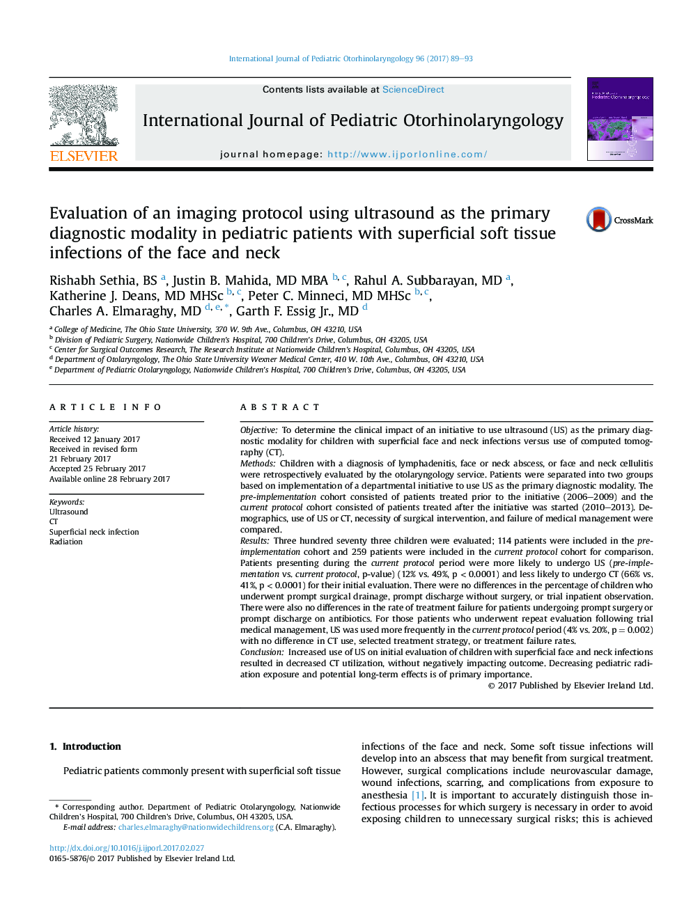 Evaluation of an imaging protocol using ultrasound as the primary diagnostic modality in pediatric patients with superficial soft tissue infections of the face and neck