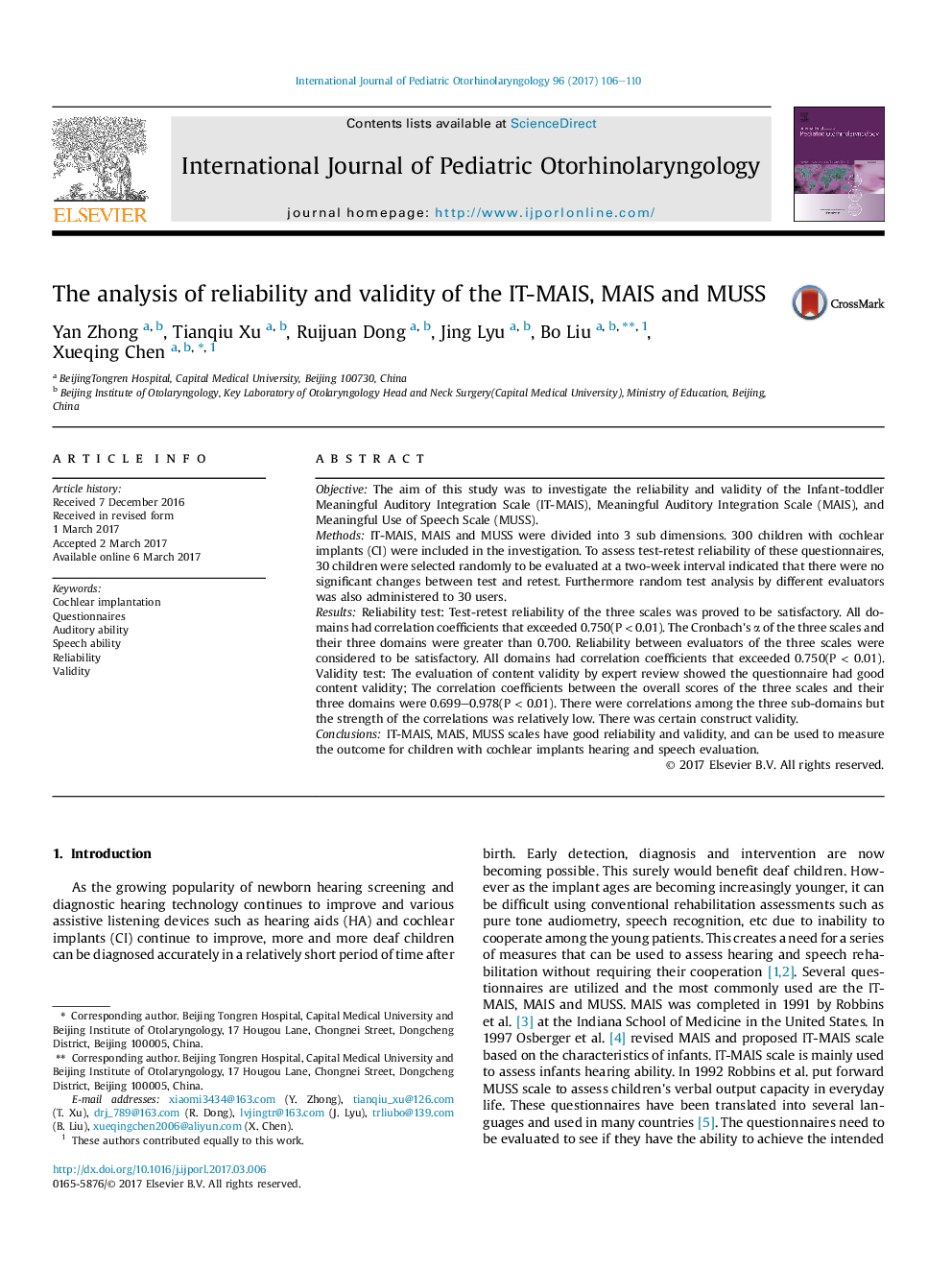 The analysis of reliability and validity of the IT-MAIS, MAIS and MUSS