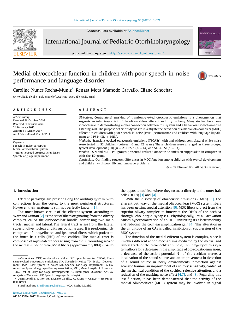 Medial olivocochlear function in children with poor speech-in-noise performance and language disorder