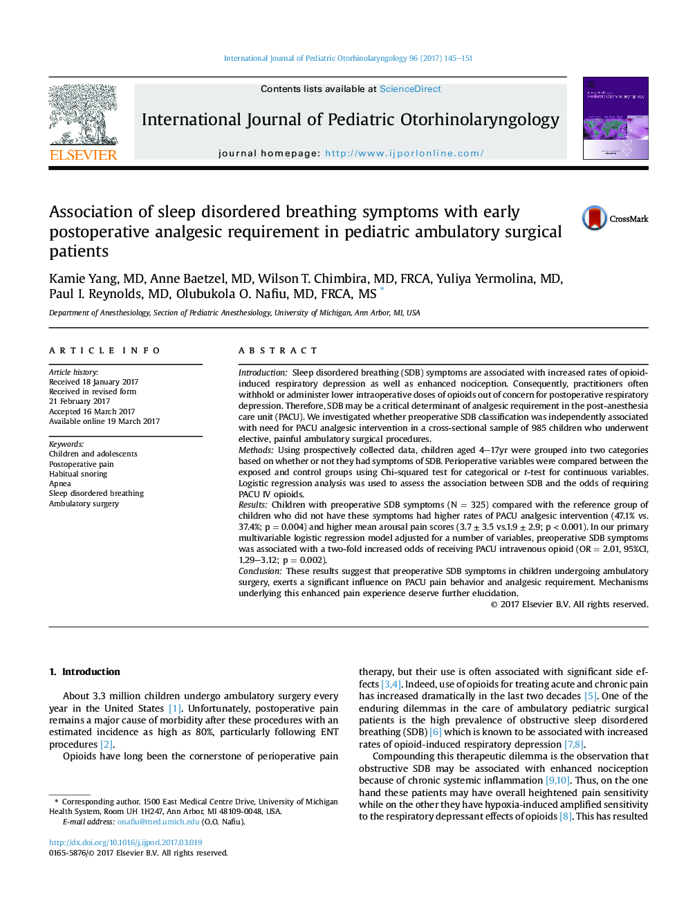 Association of sleep disordered breathing symptoms with early postoperative analgesic requirement in pediatric ambulatory surgical patients