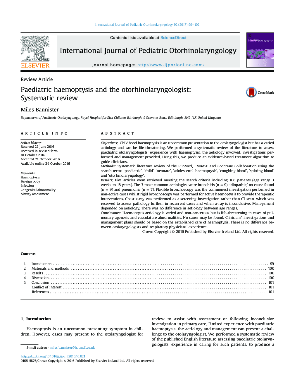 Review ArticlePaediatric haemoptysis and the otorhinolaryngologist: Systematic review