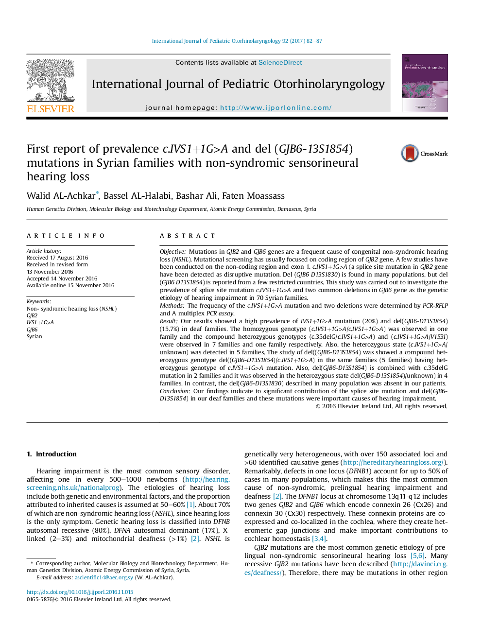 First report of prevalence c.IVS1+1G>A and del (GJB6-13S1854) mutations in Syrian families with non-syndromic sensorineural hearing loss