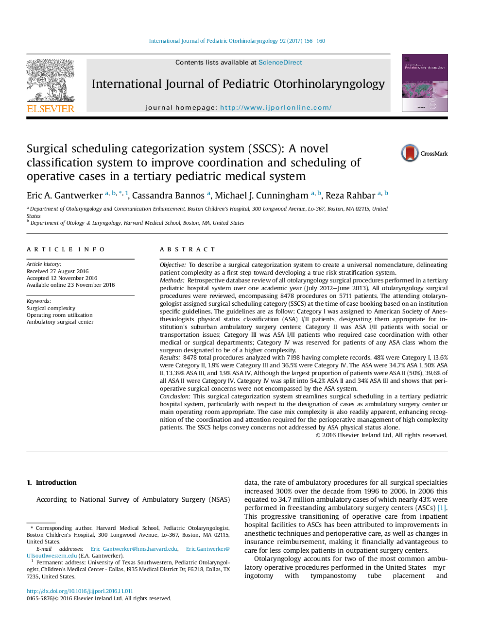 Surgical scheduling categorization system (SSCS): A novel classification system to improve coordination and scheduling of operative cases in a tertiary pediatric medical system