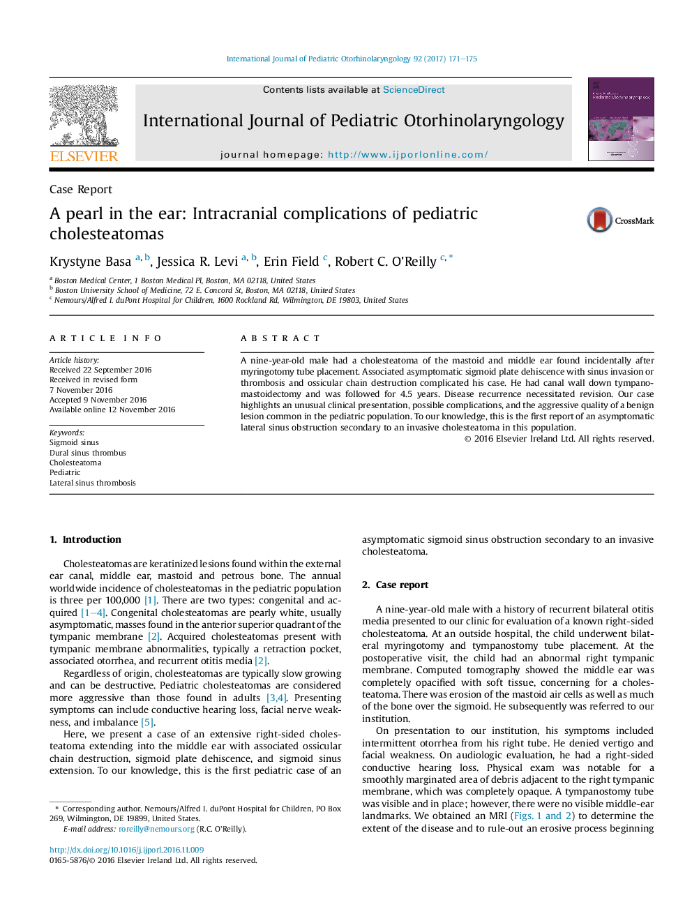 Case ReportA pearl in the ear: Intracranial complications of pediatric cholesteatomas