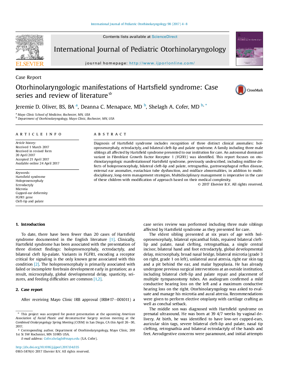 Case ReportOtorhinolaryngologic manifestations of Hartsfield syndrome: Case series and review of literature