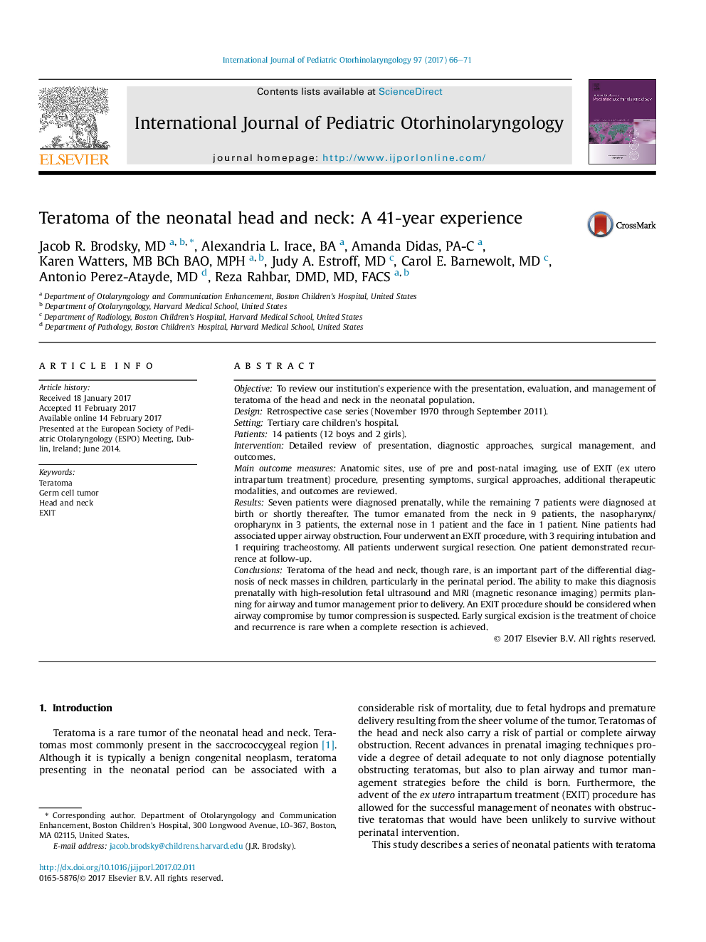 Teratoma of the neonatal head and neck: A 41-year experience