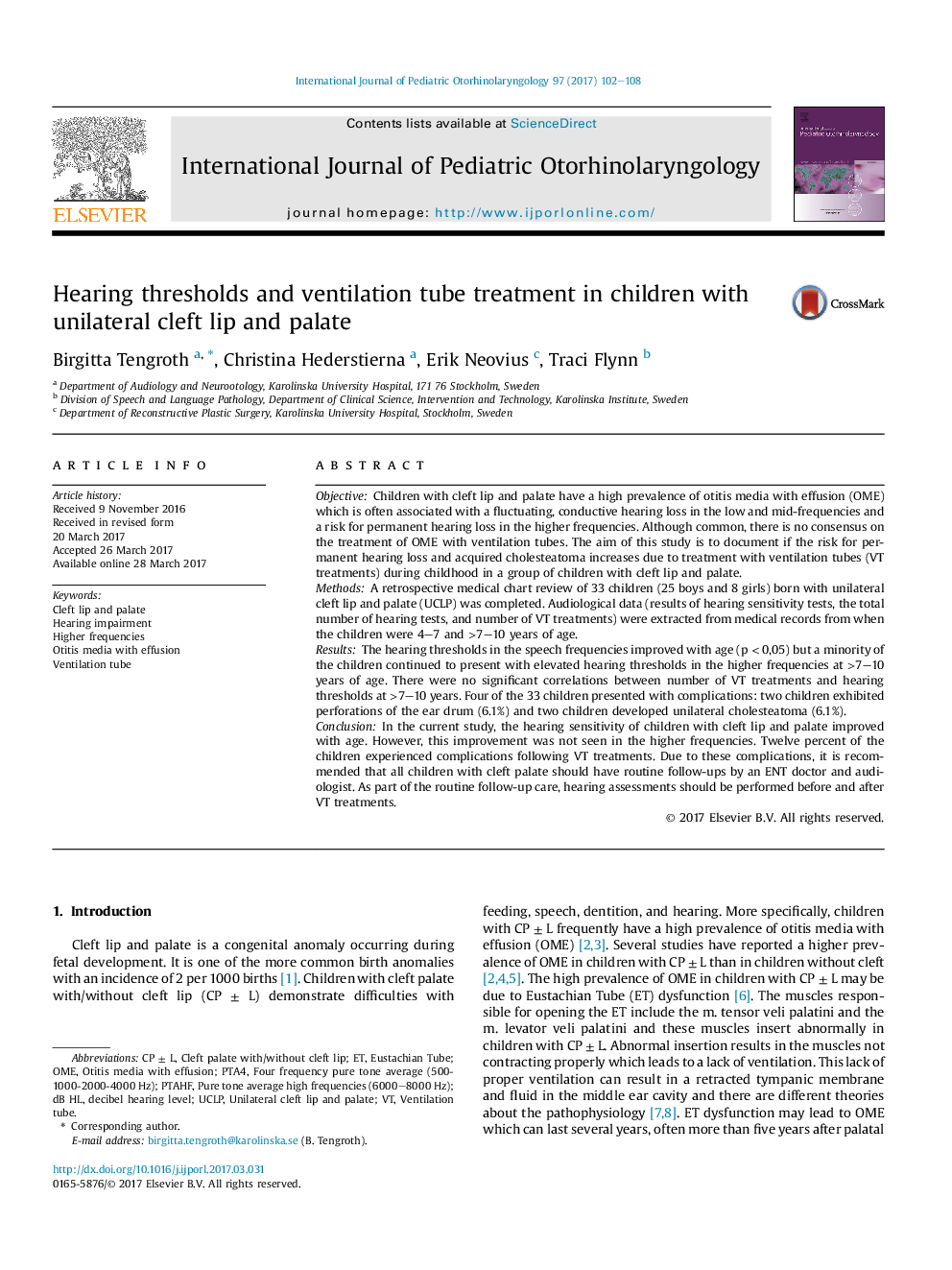 Hearing thresholds and ventilation tube treatment in children with unilateral cleft lip and palate