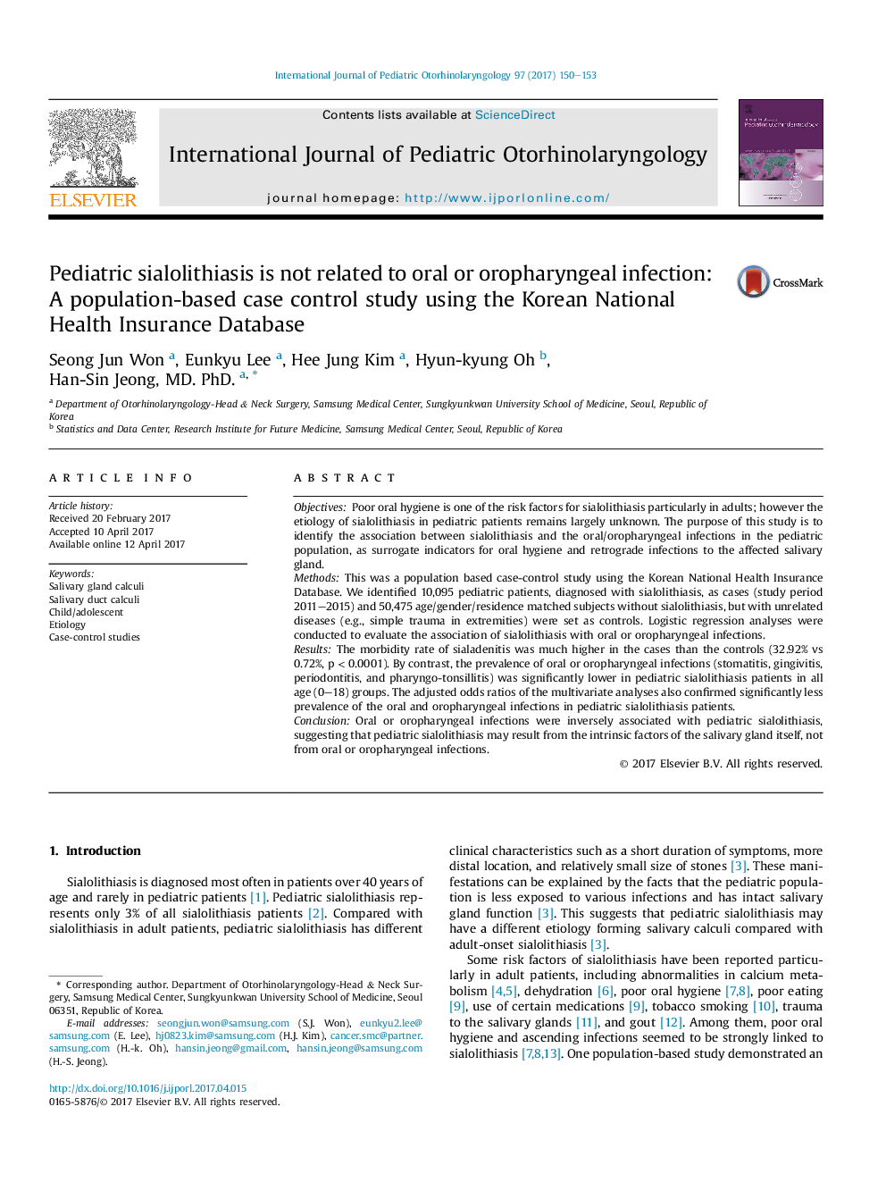 Pediatric sialolithiasis is not related to oral or oropharyngeal infection: A population-based case control study using the Korean National Health Insurance Database