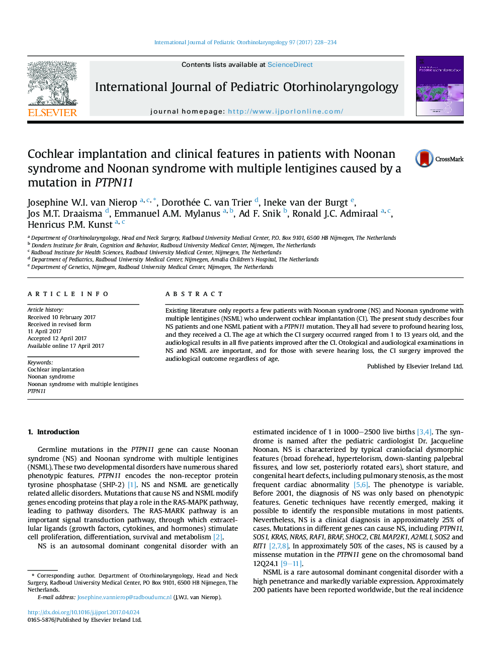 Cochlear implantation and clinical features in patients with Noonan syndrome and Noonan syndrome with multiple lentigines caused by a mutation in PTPN11