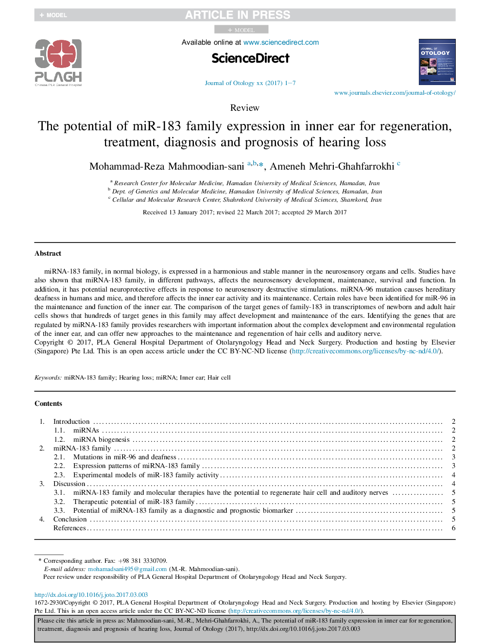 The potential of miR-183 family expression in inner ear for regeneration, treatment, diagnosis and prognosis of hearing loss