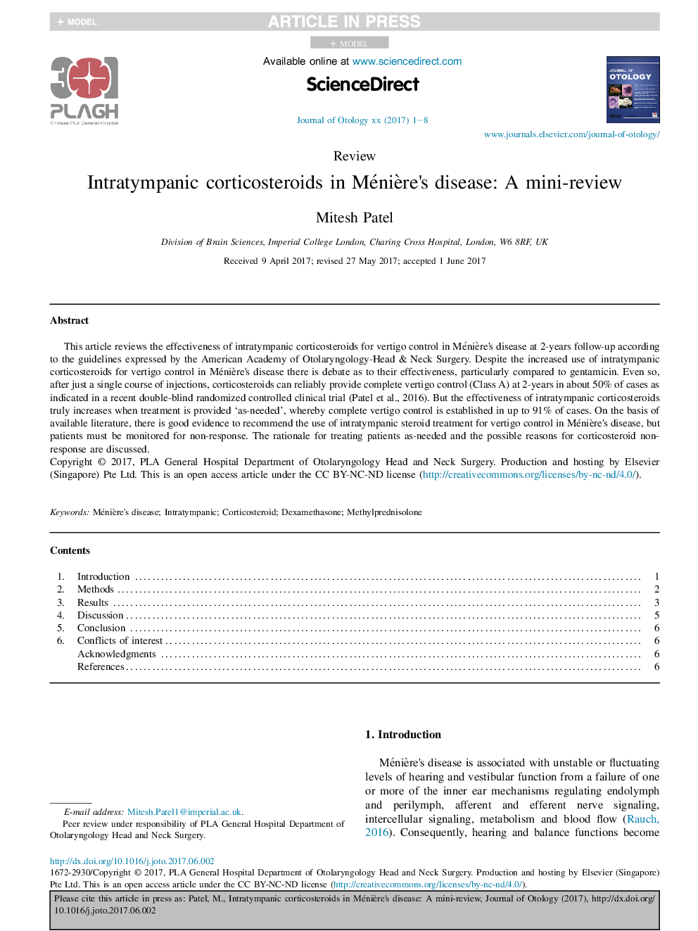 Intratympanic corticosteroids in MéniÃ¨re's disease: A mini-review