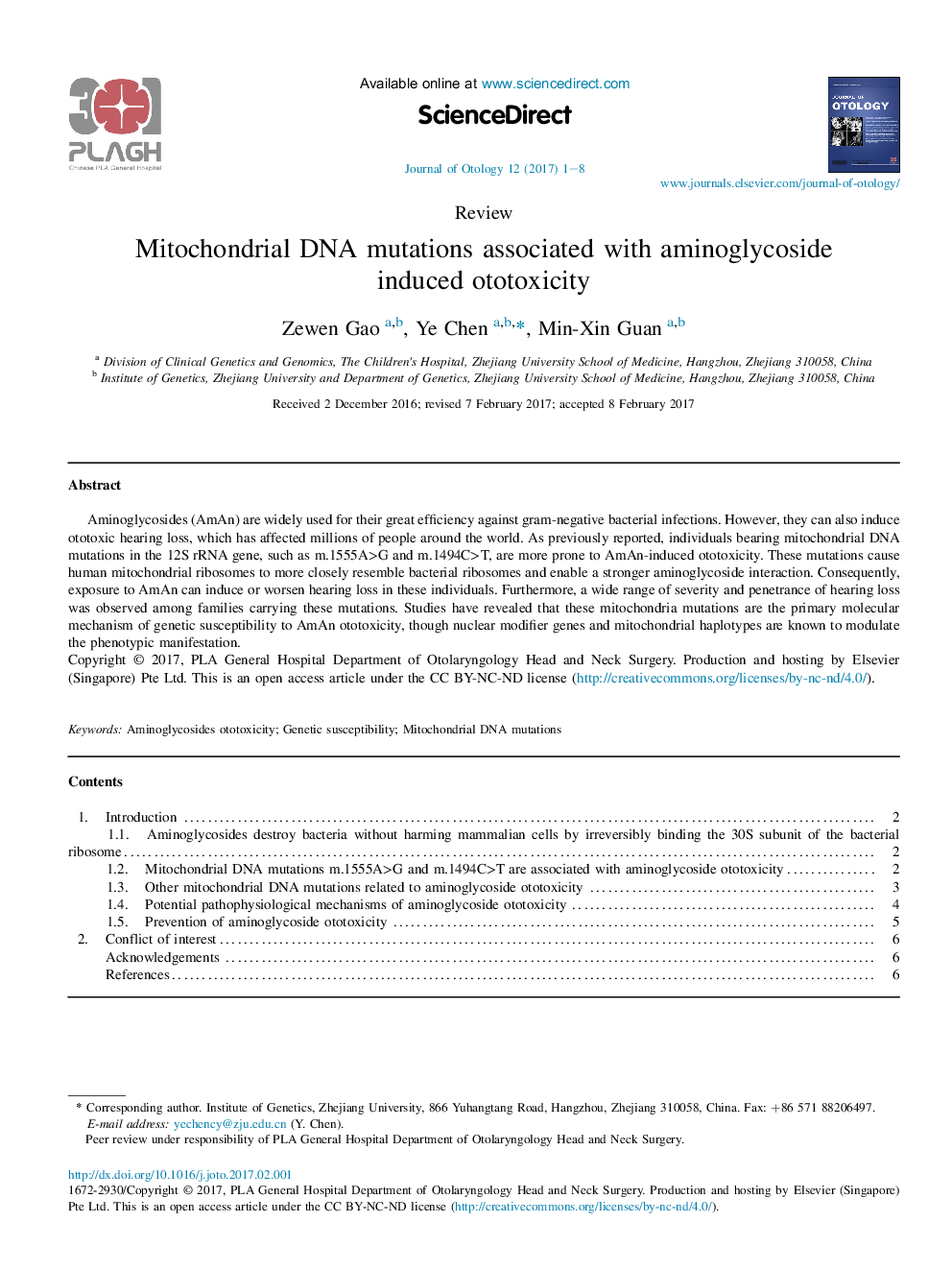 ReviewMitochondrial DNA mutations associated with aminoglycoside induced ototoxicity