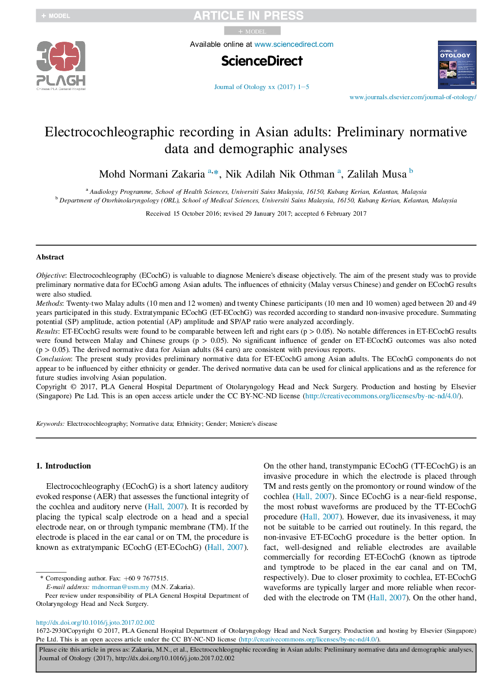 Electrocochleographic recording in Asian adults: Preliminary normative data and demographic analyses