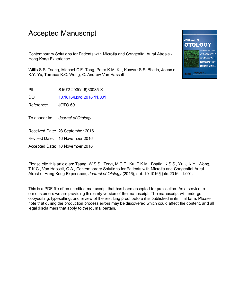 Contemporary solutions for patients with microtia and congenital aural atresia - Hong Kong experience