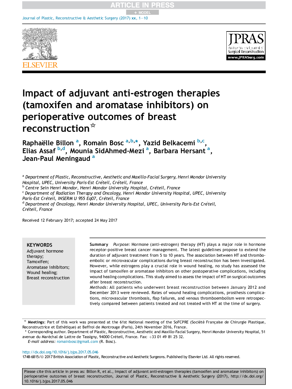 Impact of adjuvant anti-estrogen therapies (tamoxifen and aromatase inhibitors) on perioperative outcomes of breast reconstruction