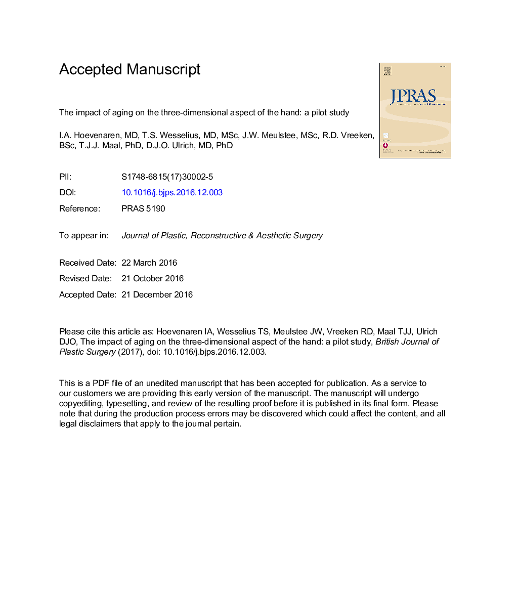 The effect of aging on the three-dimensional aspect of the hand: A pilot study