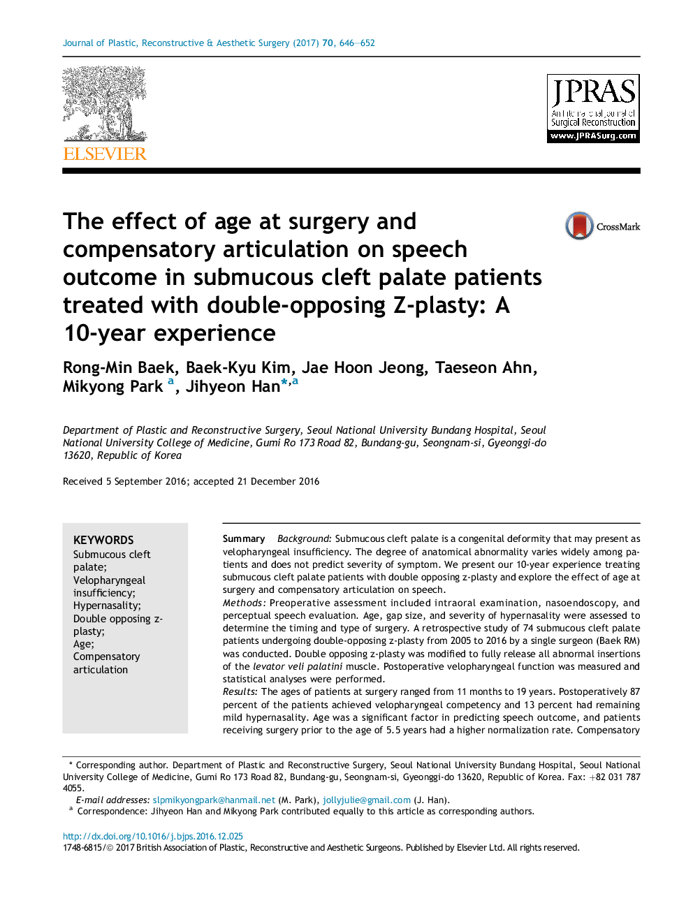 The effect of age at surgery and compensatory articulation on speech outcome in submucous cleft palate patients treated with double-opposing Z-plasty: A 10-year experience