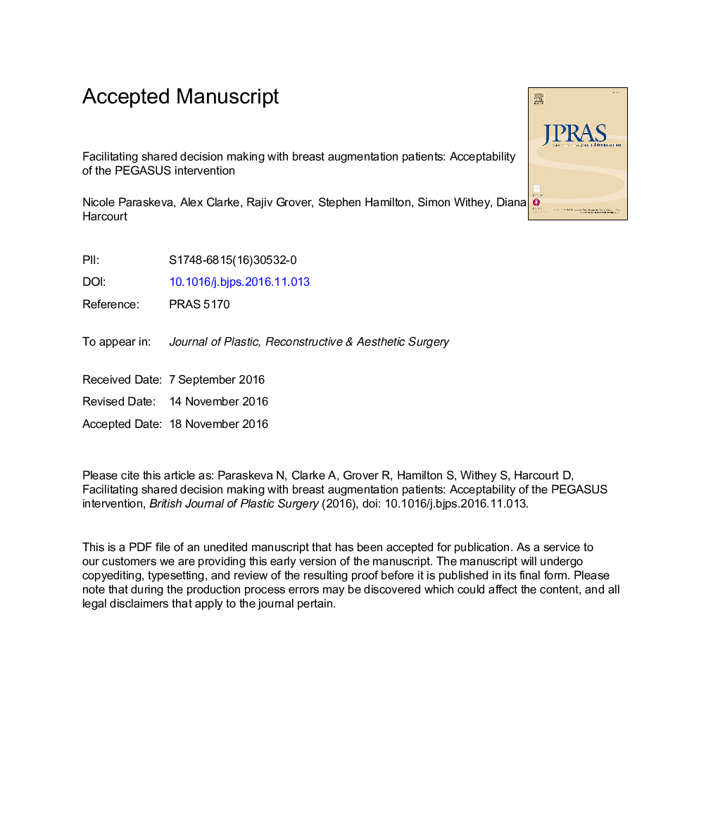 Facilitating shared decision-making with breast augmentation patients: Acceptability of the PEGASUS intervention