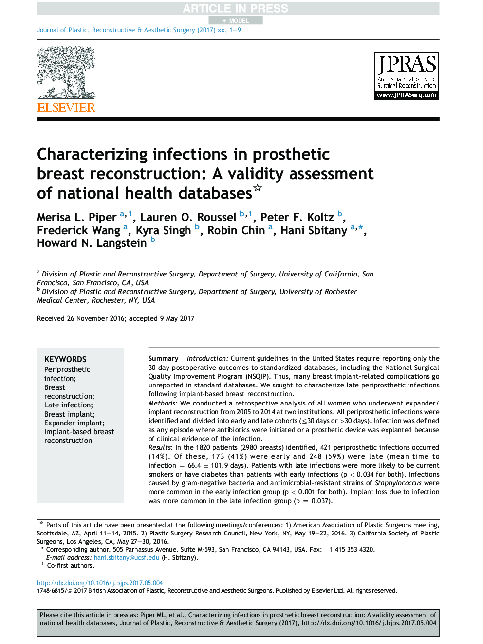 Characterizing infections in prosthetic breast reconstruction: A validity assessment of national health databases