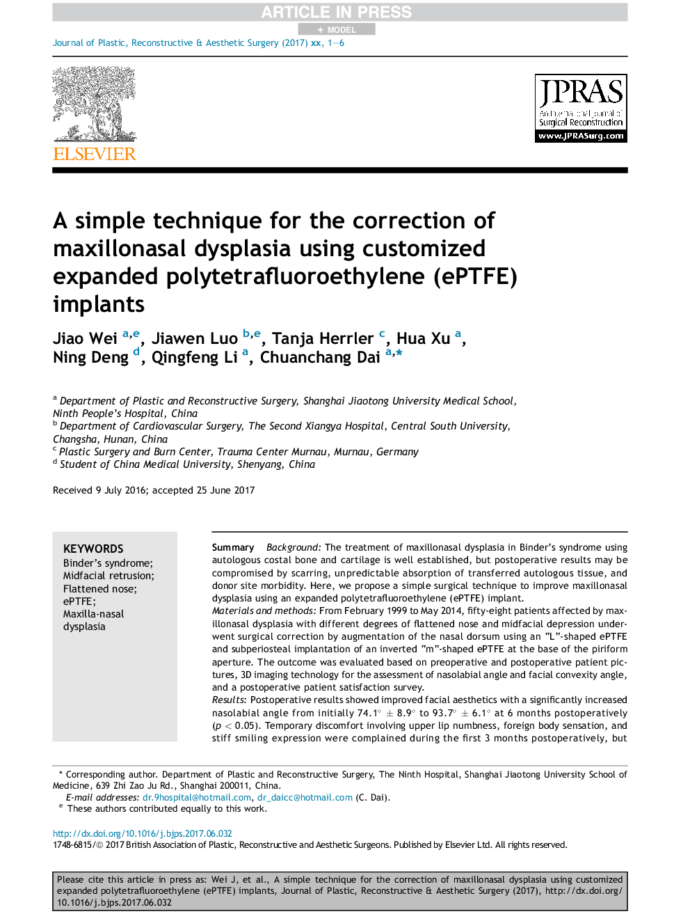 A simple technique for the correction of maxillonasal dysplasia using customized expanded polytetrafluoroethylene (ePTFE) implants