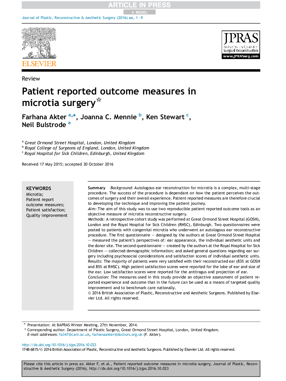 Patient reported outcome measures in microtia surgery