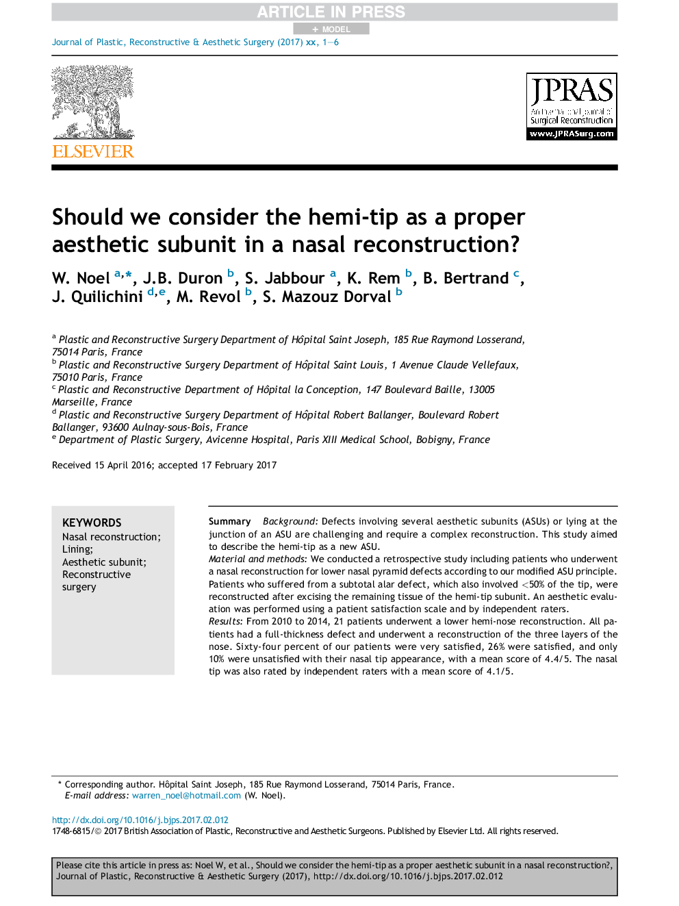 Should we consider the hemi-tip as a proper aesthetic subunit in a nasal reconstruction?