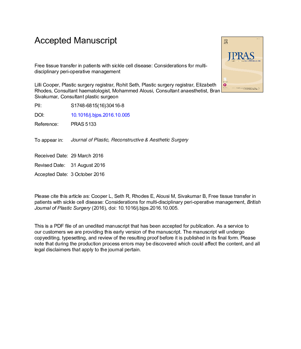 Free tissue transfer in patients with sickle cell disease: Considerations for multi-disciplinary peri-operative management