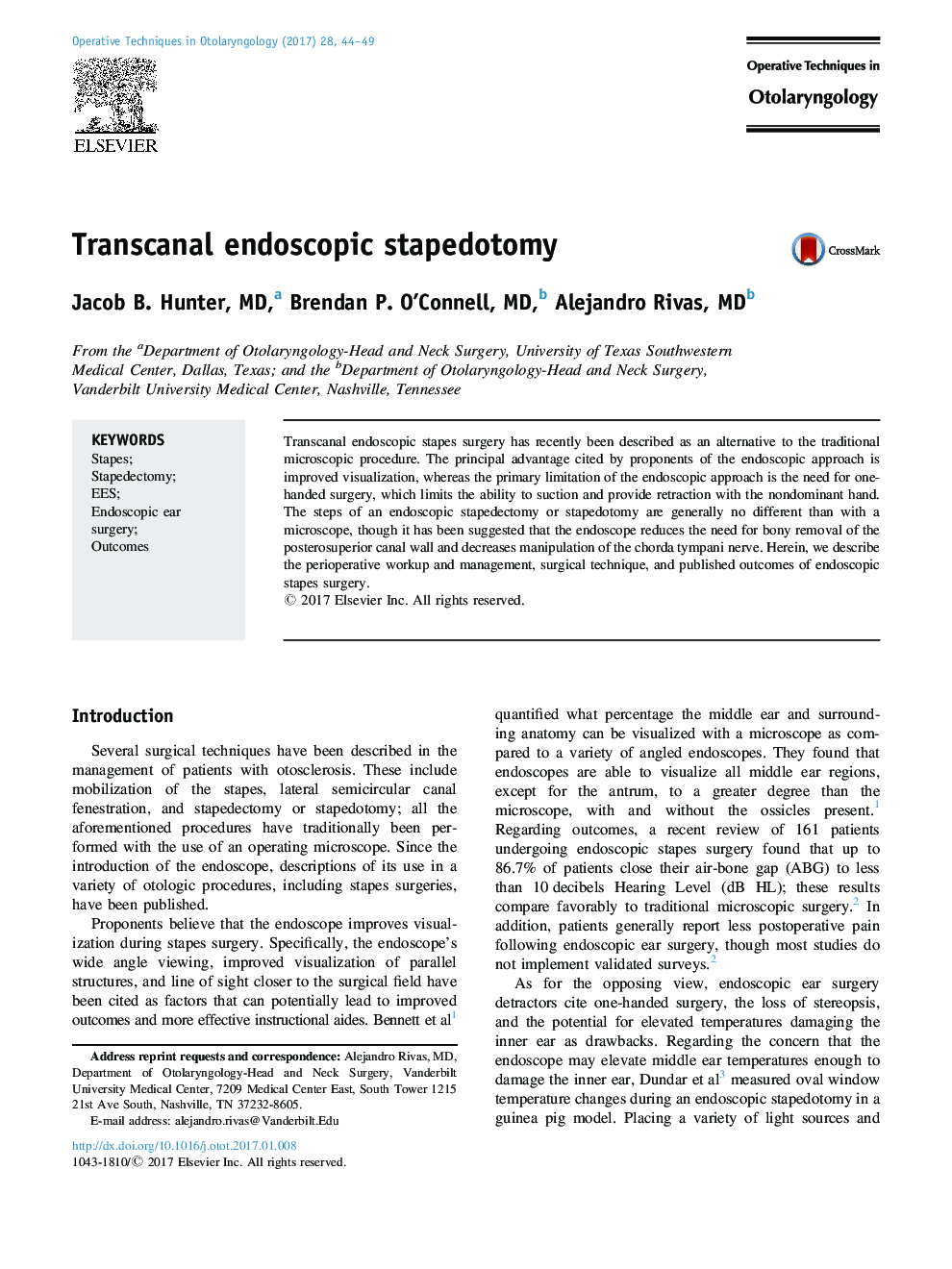 Transcanal endoscopic stapedotomy