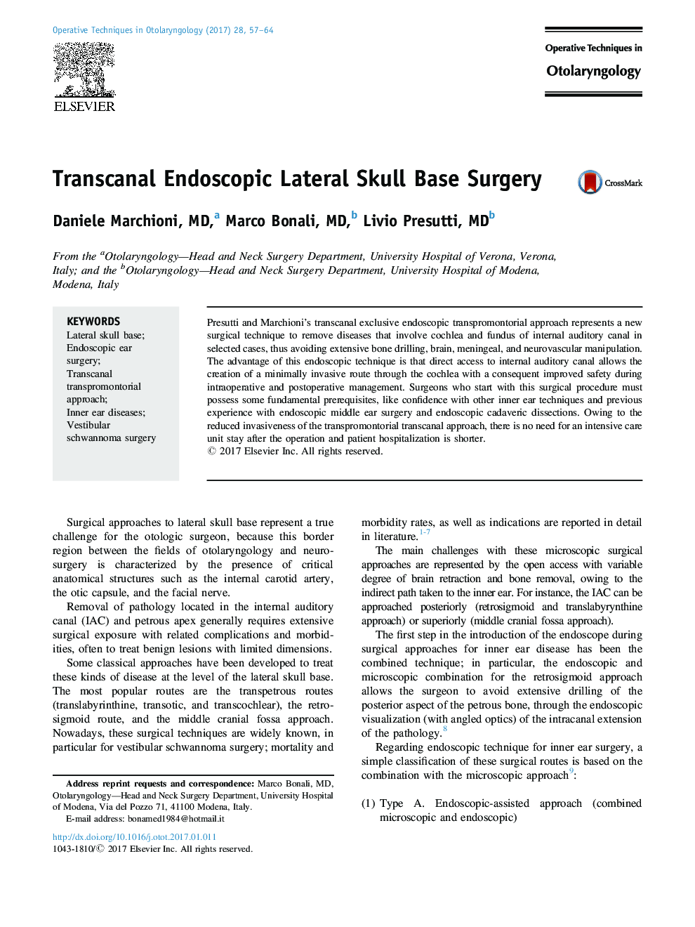 Transcanal Endoscopic Lateral Skull Base Surgery