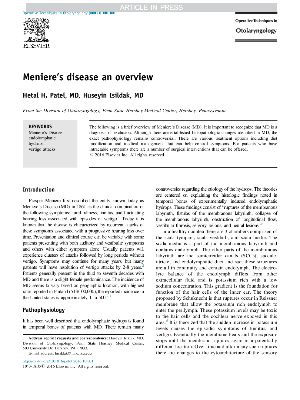 Meniere's disease an overview